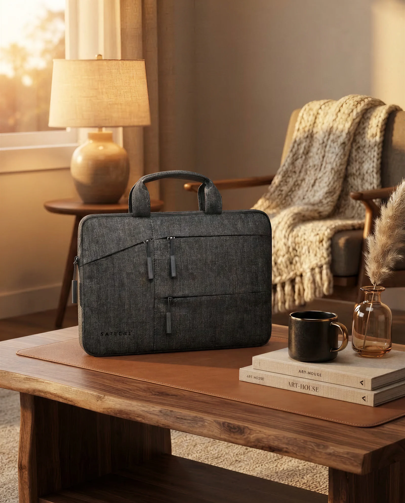 Briefcase in a warm home-office setting