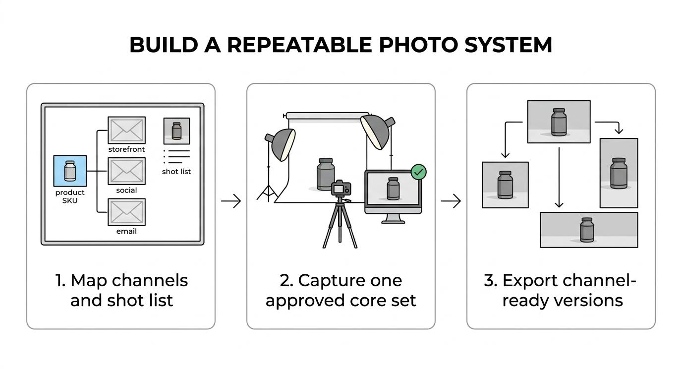 Flowchart showing an ecommerce product photography workflow from channel mapping and shot lists to consistent capture, editing, exports, and campaign-ready assets.