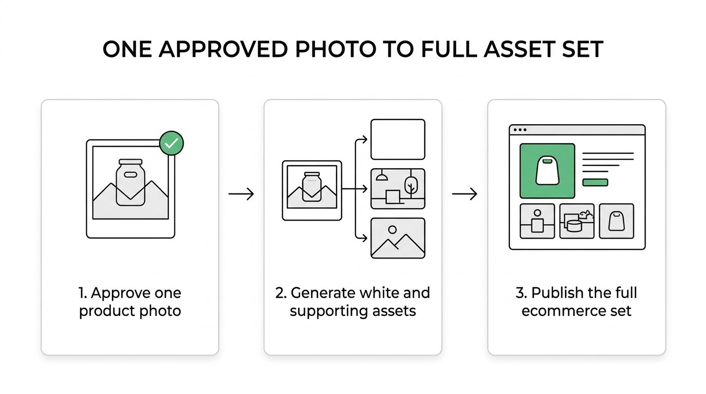 Diagram showing an approved product photo used to create a white-background image and supporting ecommerce assets