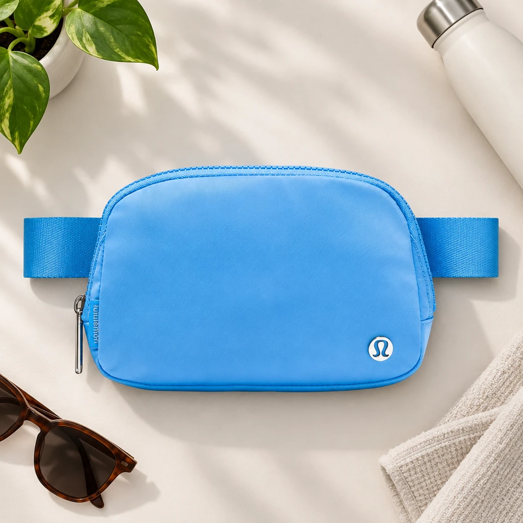 Blue belt bag, flat lay photoshoot sample