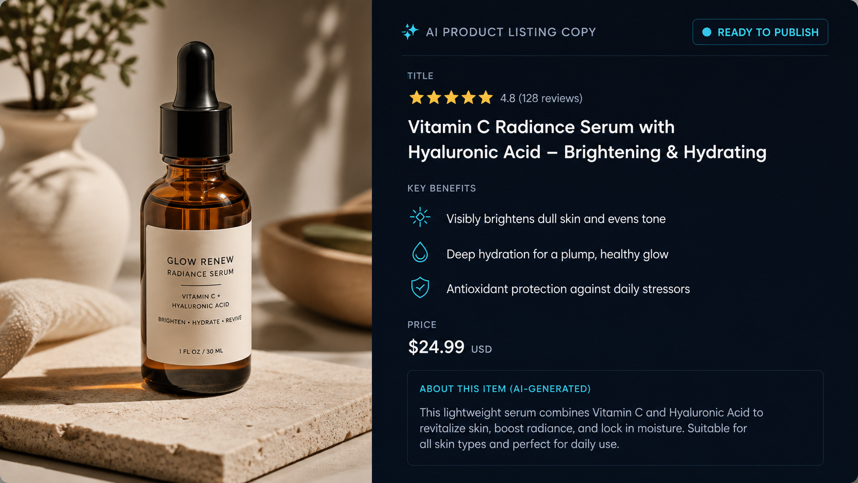 AI product listing workspace with generated title, benefits, price, and publish status