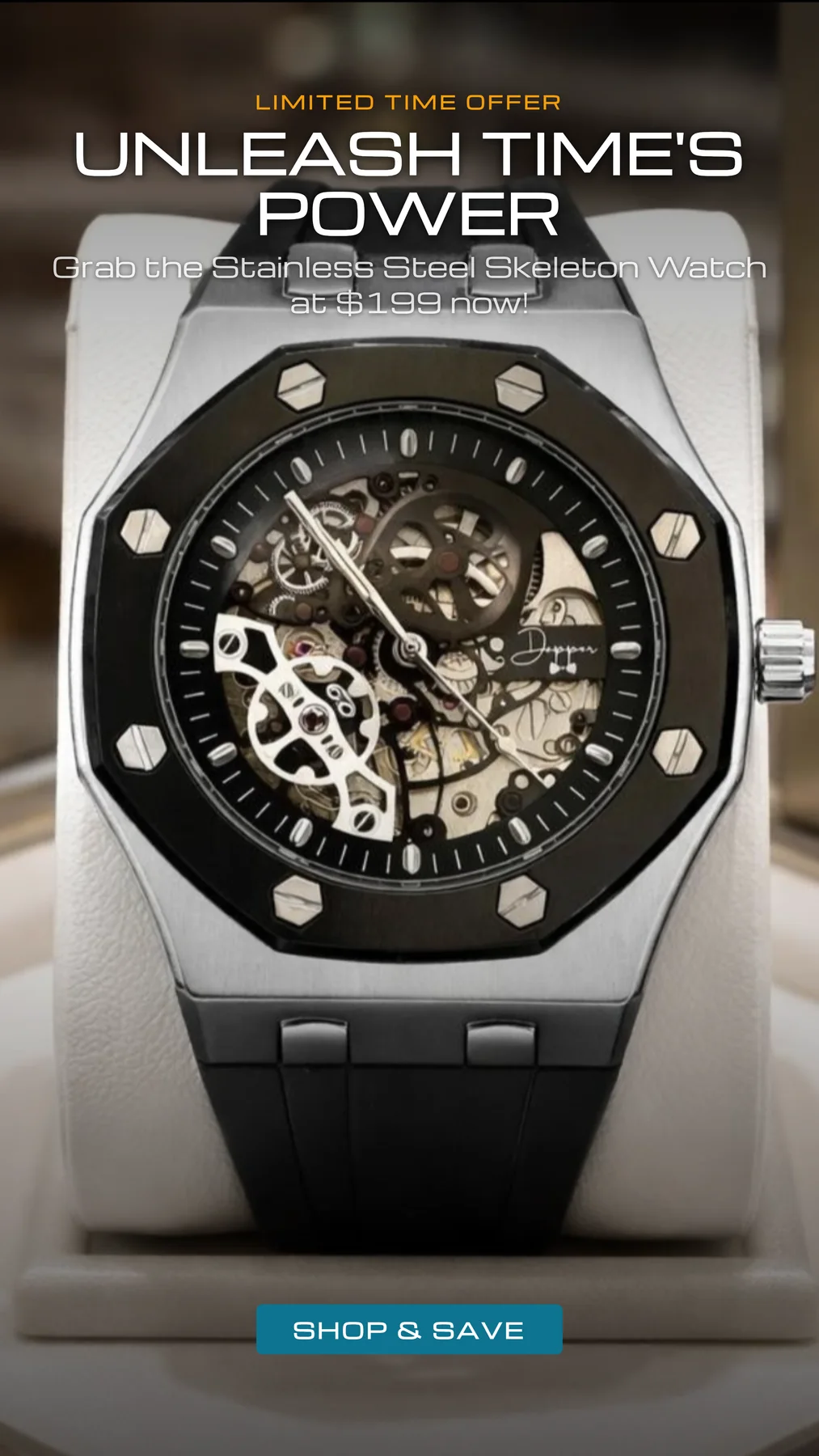 Portrait watch advertising example with a headline above the product and a call to action below