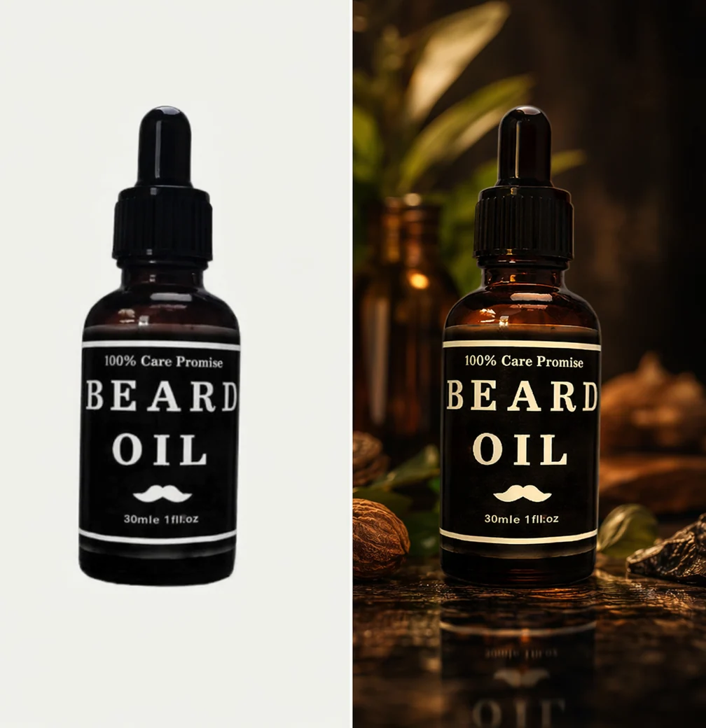 Beard oil bottle on a plain background beside a warm generated scene, with the printed label visible in both