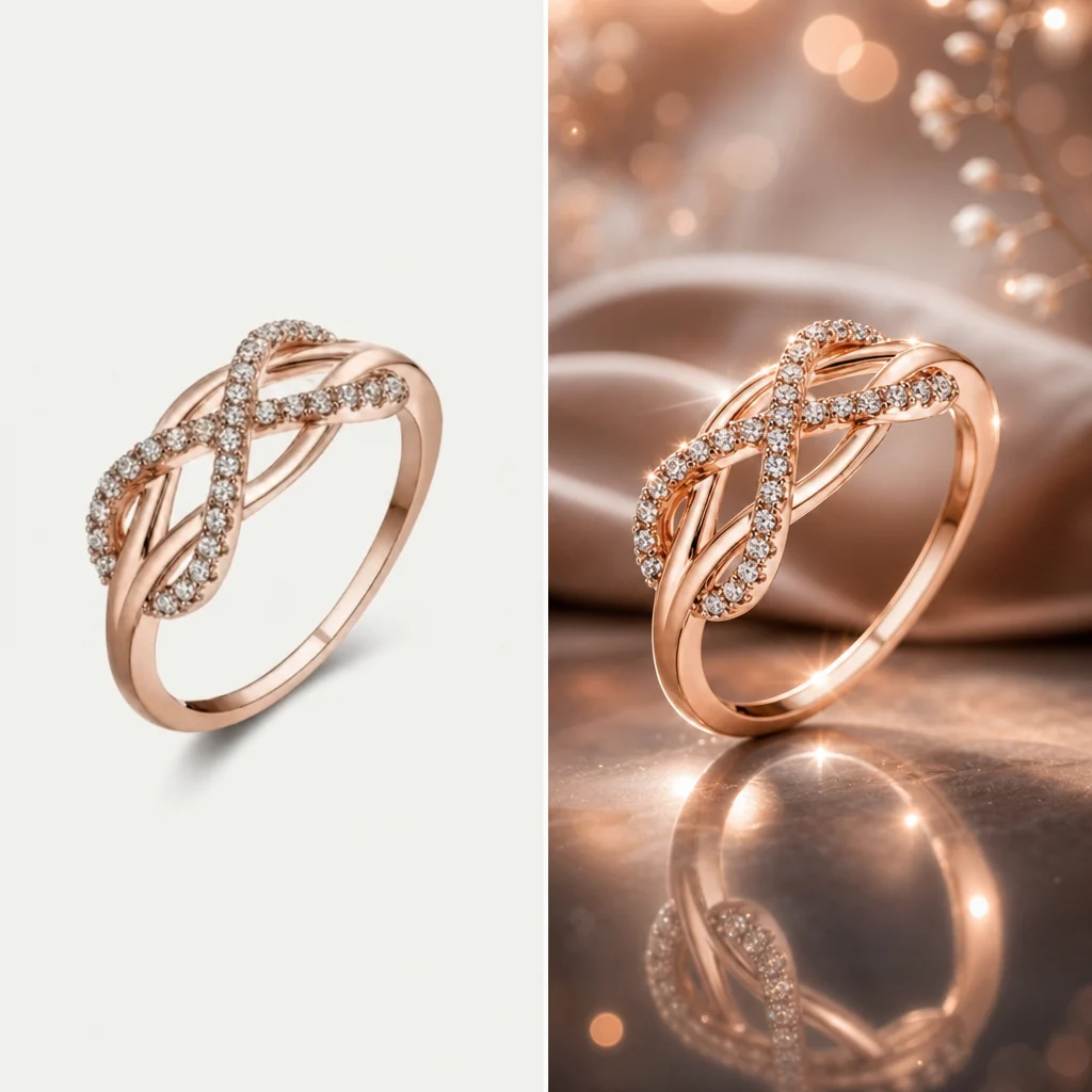 Separate rose-gold ring source beside a generated jewelry scene, showing the band and stone arrangement