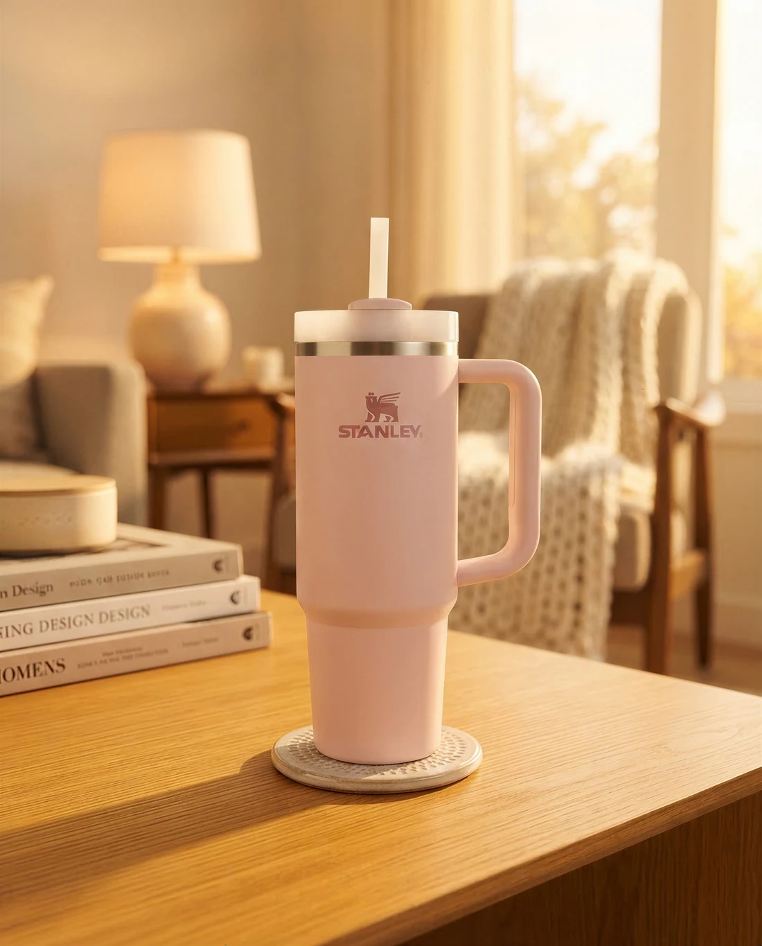 Pink Stanley tumbler in a warm living-room lifestyle scene, option 1