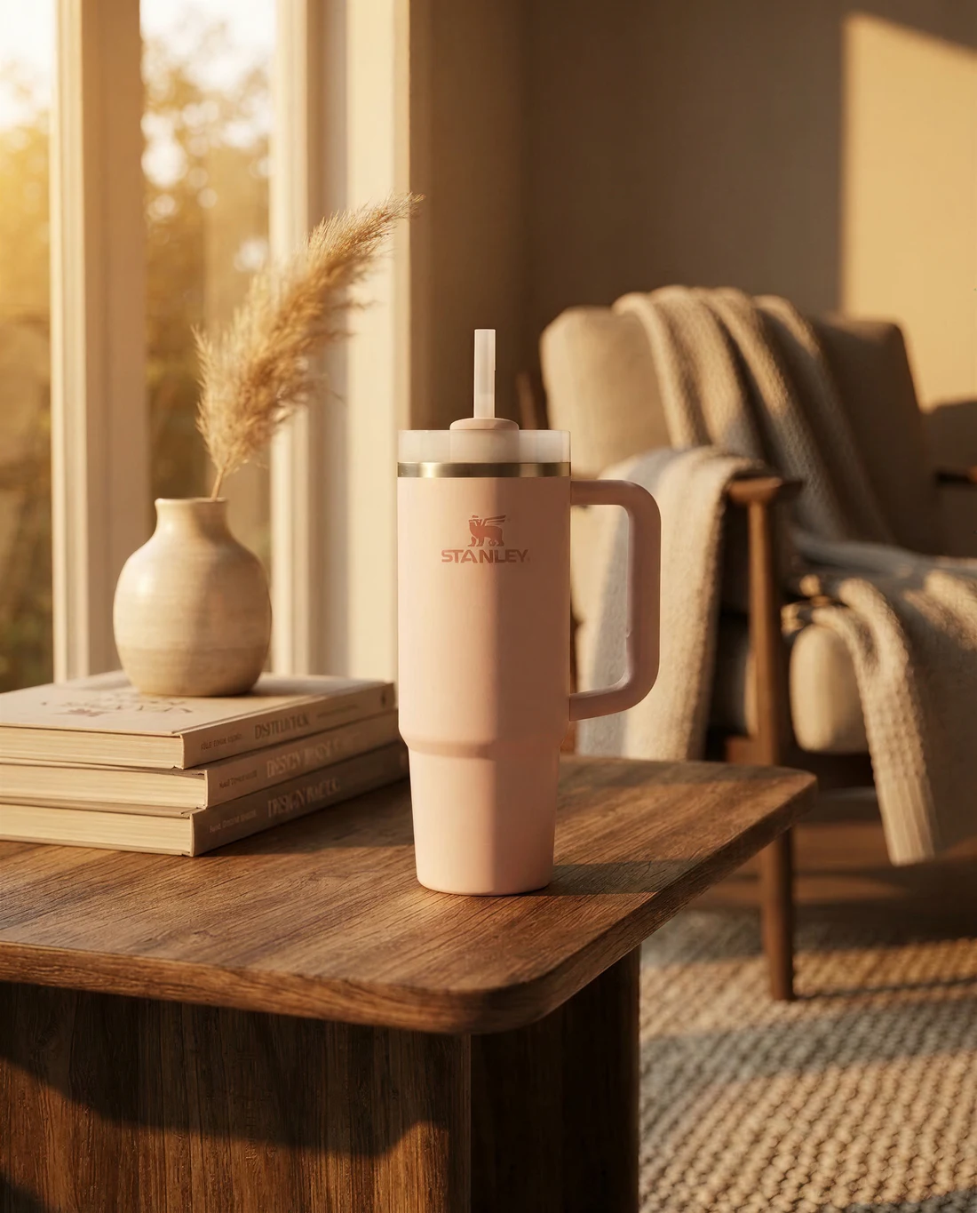 Pink Stanley tumbler in a warm living-room lifestyle scene, option 2