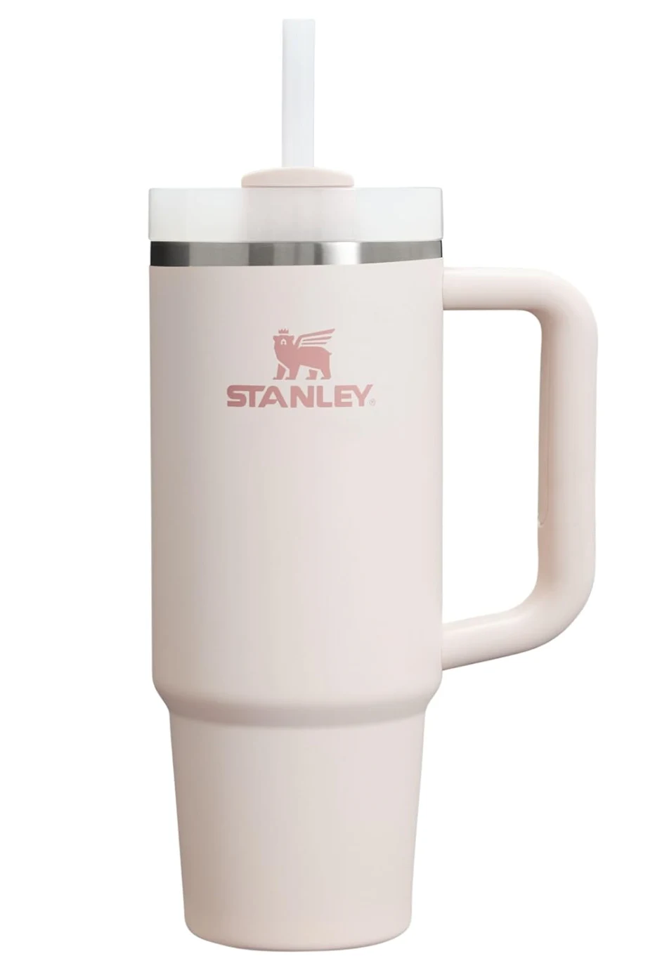 Original pink Stanley tumbler on a white background