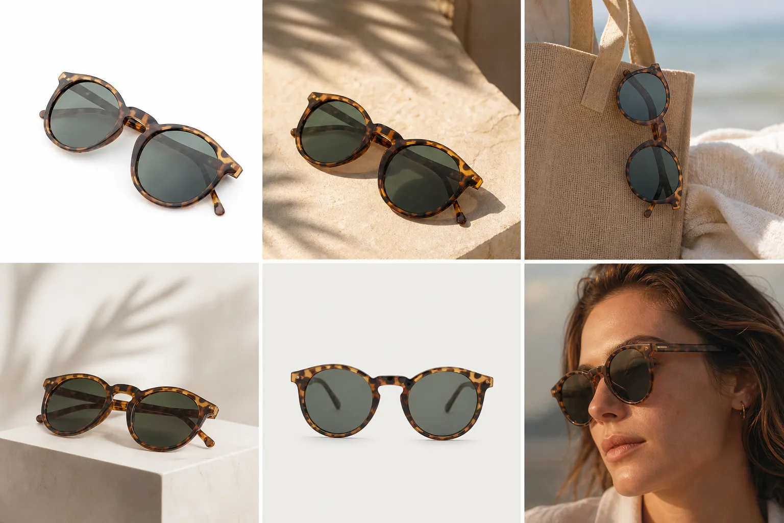 Six sunglasses campaign compositions including a clean product view, stone surface, beach bag, and model